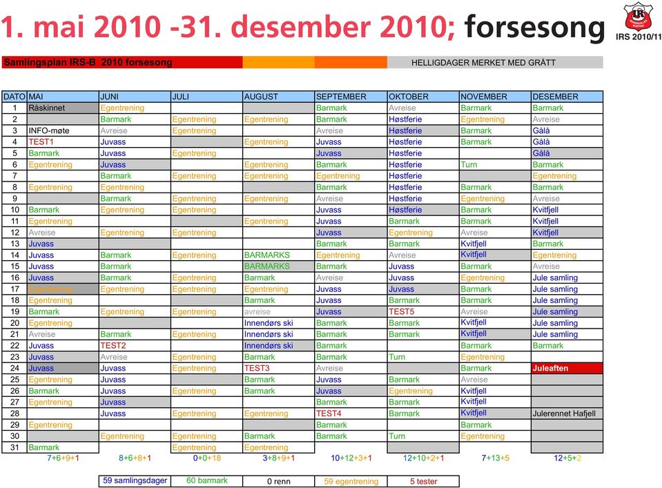 Barmark 2 Barmark Egentrening Egentrening Barmark Høstferie Egentrening Avreise 3 INFO-møte Avreise Egentrening Avreise Høstferie Barmark Gålå 4 TEST1 Juvass Egentrening Juvass Høstferie Barmark Gålå