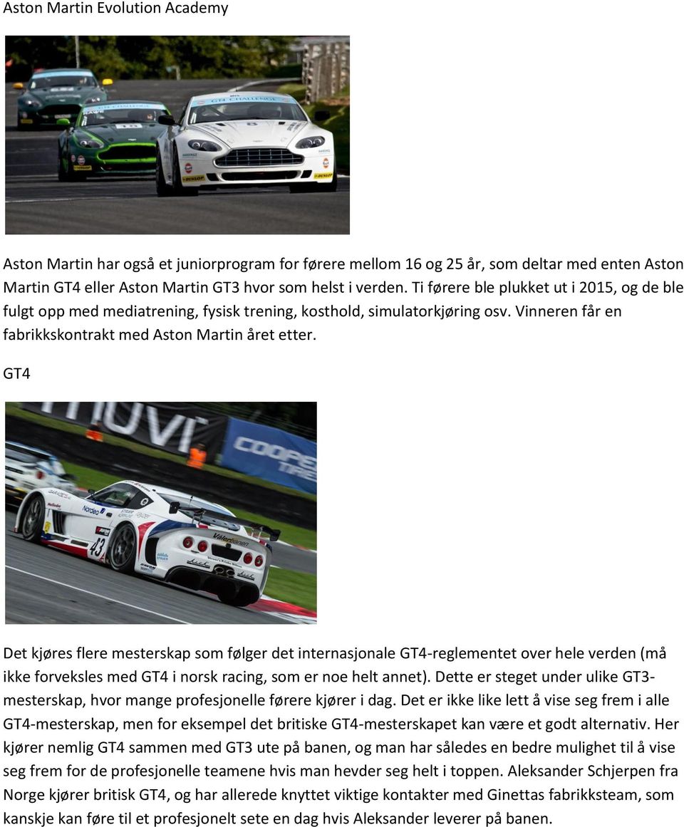 GT4 Det kjøres flere mesterskap som følger det internasjonale GT4-reglementet over hele verden (må ikke forveksles med GT4 i norsk racing, som er noe helt annet).