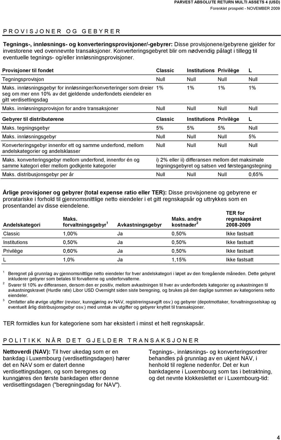 Provisjoner til fondet Classic Institutions Privilège L Tegningsprovisjon Null Null Null Null Maks.