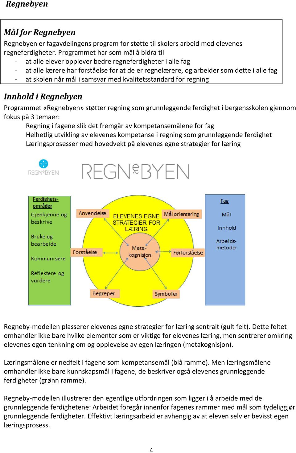 når mål i samsvar med kvalitetsstandard for regning Innhold i Regnebyen Programmet «Regnebyen» støtter regning som grunnleggende ferdighet i bergensskolen gjennom fokus på 3 temaer: Regning i fagene