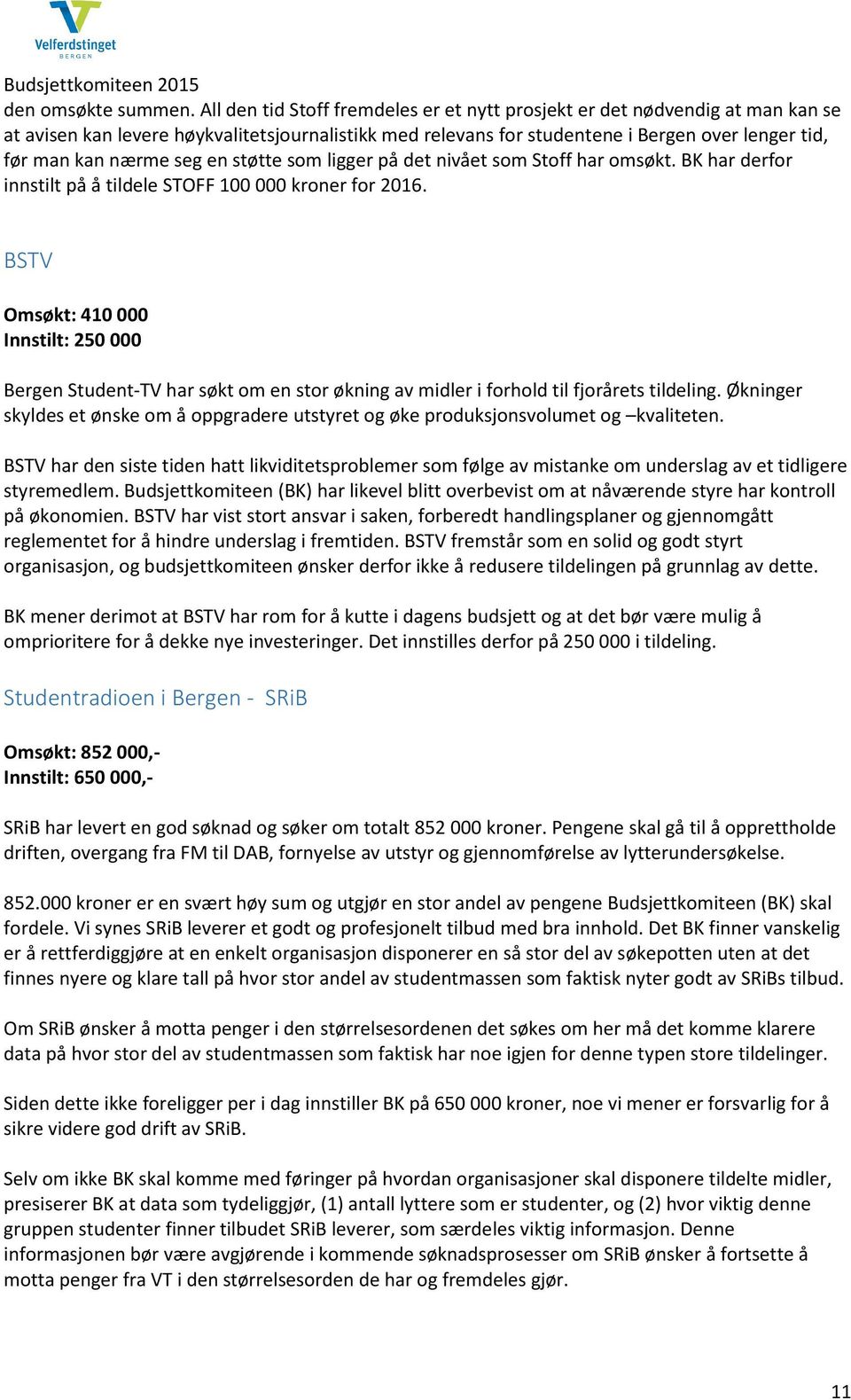 seg en støtte som ligger på det nivået som Stoff har omsøkt. BK har derfor innstilt på å tildele STOFF 100 000 kroner for 2016.