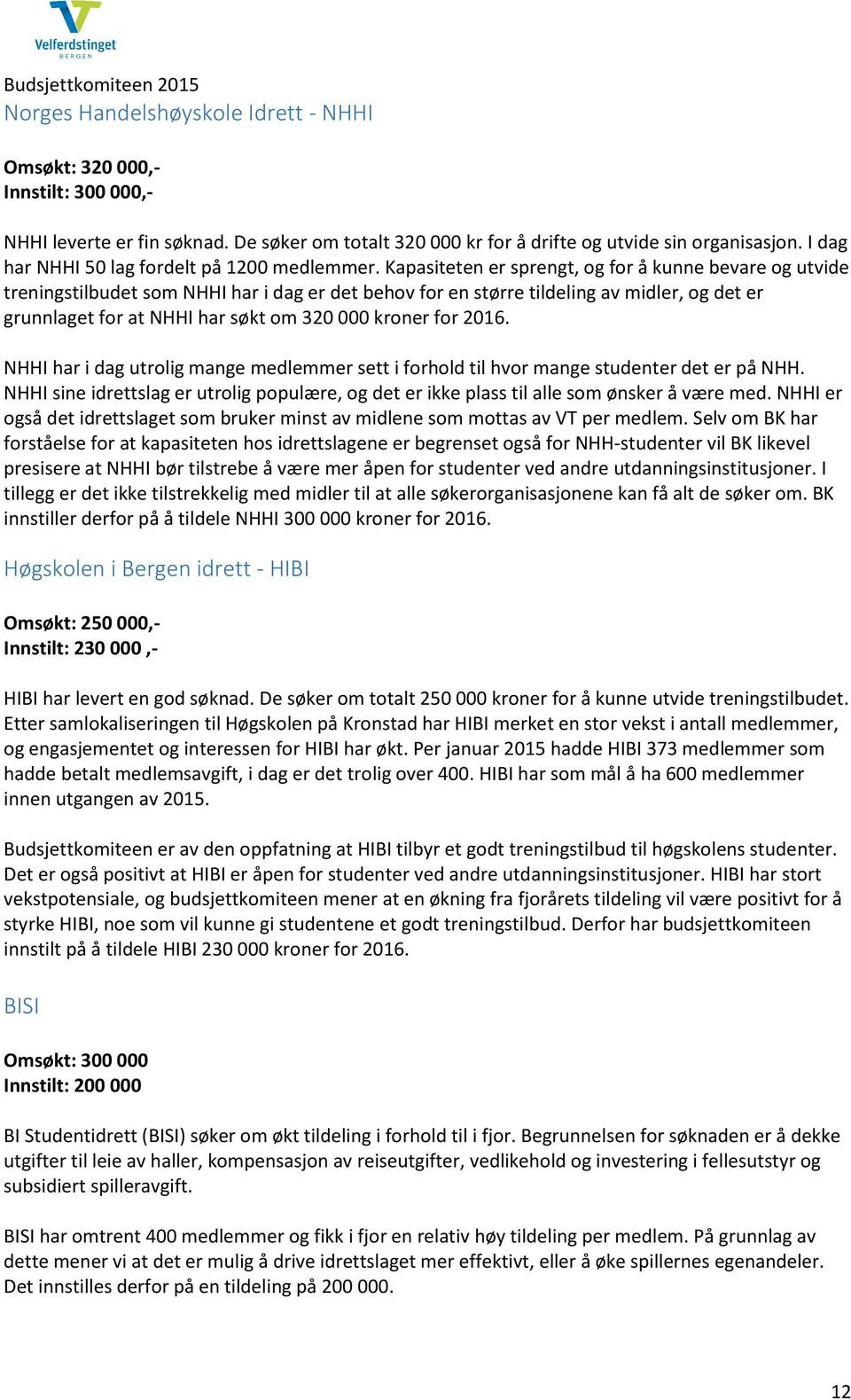 Kapasiteten er sprengt, og for å kunne bevare og utvide treningstilbudet som NHHI har i dag er det behov for en større tildeling av midler, og det er grunnlaget for at NHHI har søkt om 320 000 kroner