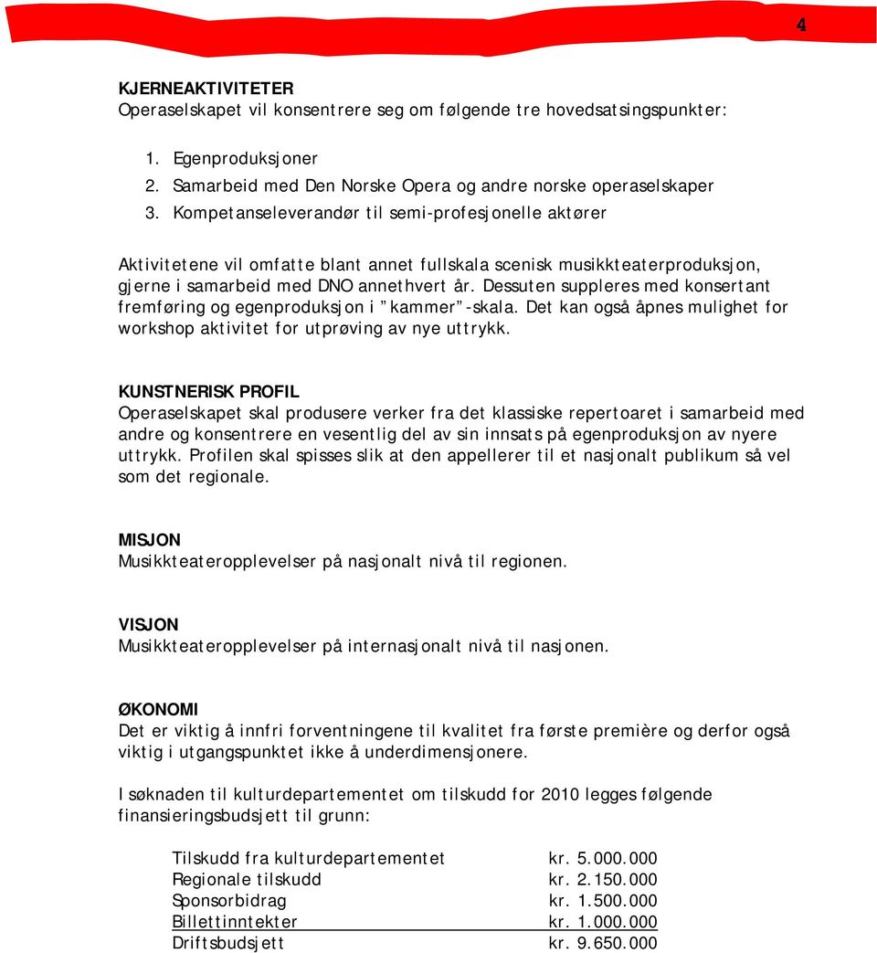 Dessuten suppleres med konsertant fremføring og egenproduksjon i kammer -skala. Det kan også åpnes mulighet for workshop aktivitet for utprøving av nye uttrykk.