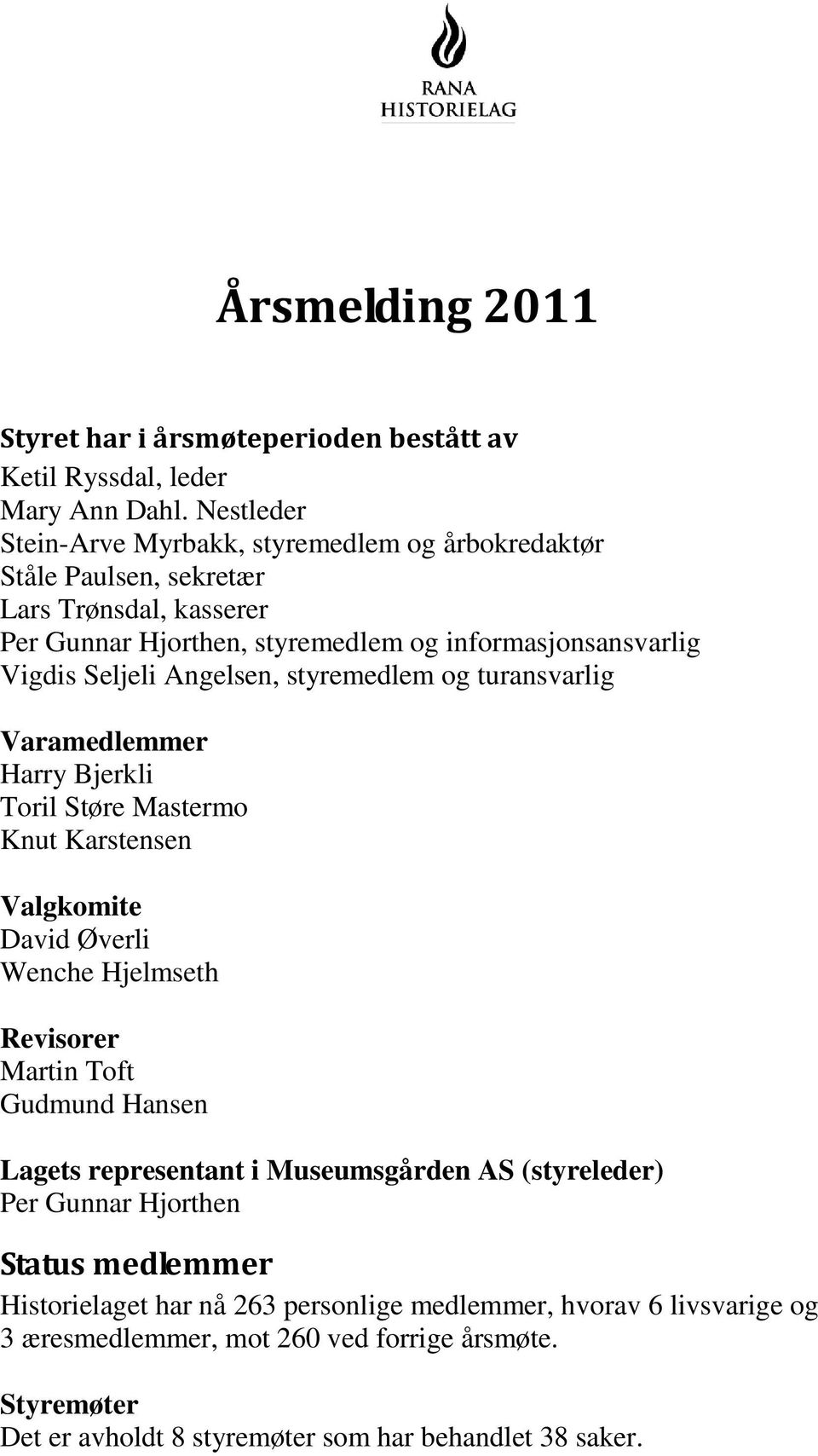 Angelsen, styremedlem og turansvarlig Varamedlemmer Harry Bjerkli Toril Støre Mastermo Knut Karstensen Valgkomite David Øverli Wenche Hjelmseth Revisorer Martin Toft Gudmund Hansen