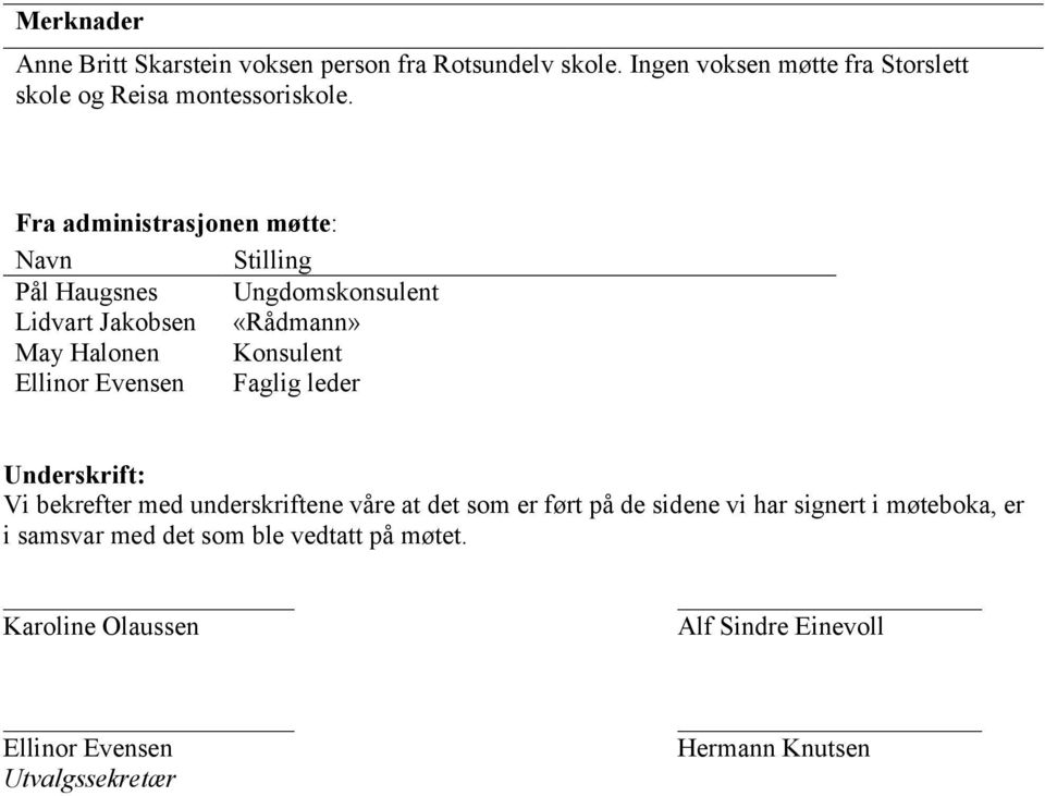 Evensen Faglig leder Underskrift: Vi bekrefter med underskriftene våre at det som er ført på de sidene vi har signert i møteboka,