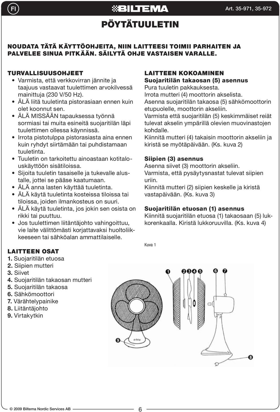 ÄLÄ MISSÄÄN tapauksessa työnnä sormiasi tai muita esineitä suojaritilän läpi tuulettimen ollessa käynnissä.