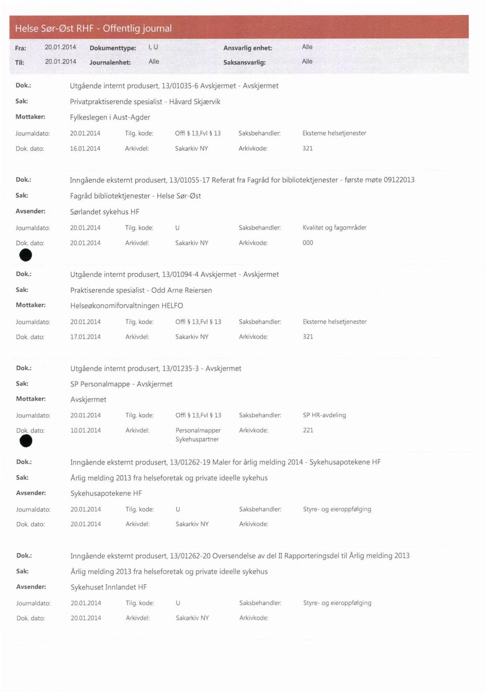 kode: Offl 13,Fv1 13 Saksbehandler: Eksterne helsetjenester Dok. dato: 16.01.2014 Arkivdel: Sakarkiv NY Arkivkode: 321 Dok.