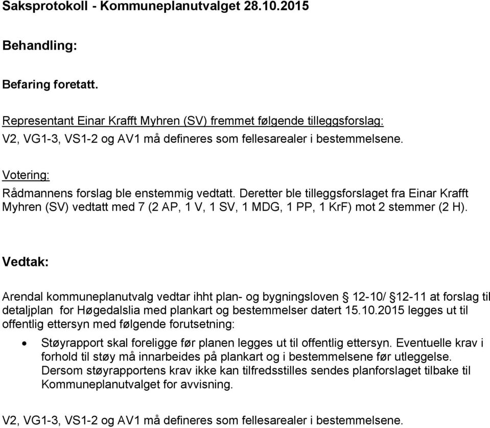 Deretter ble tilleggsforslaget fra Einar Krafft Myhren (SV) vedtatt med 7 (2 AP, 1 V, 1 SV, 1 MDG, 1 PP, 1 KrF) mot 2 stemmer (2 H).