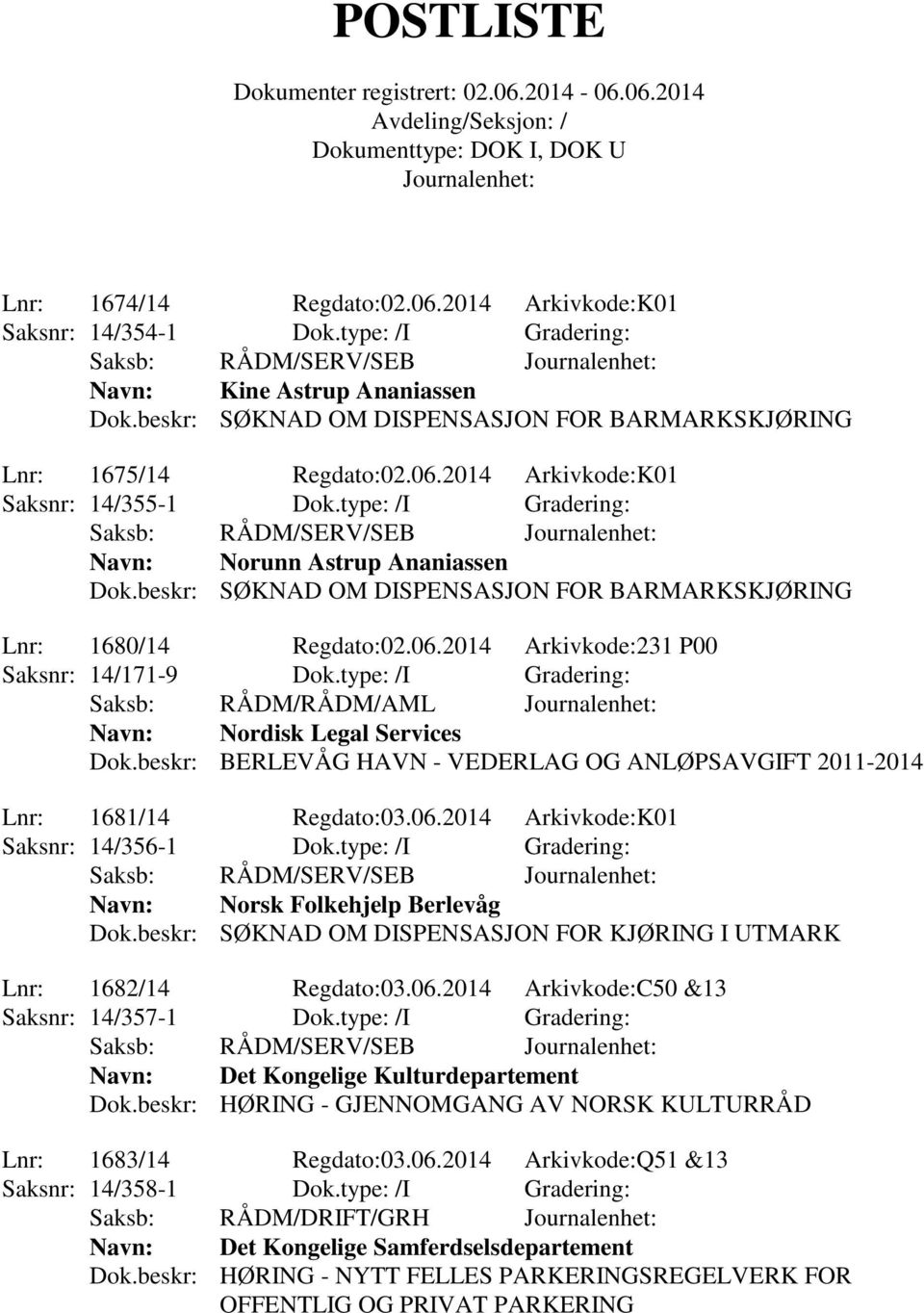 type: /I Gradering: Saksb: RÅDM/RÅDM/AML Navn: Nordisk Legal Services Dok.beskr: BERLEVÅG HAVN - VEDERLAG OG ANLØPSAVGIFT 2011-2014 Lnr: 1681/14 Regdato:03.06.2014 Arkivkode:K01 Saksnr: 14/356-1 Dok.