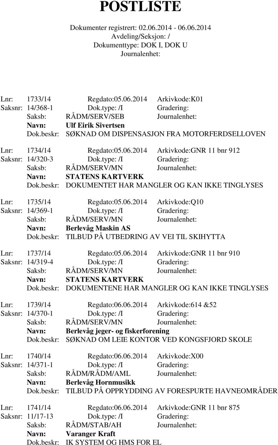 type: /I Gradering: Navn: Berlevåg Maskin AS Dok.beskr: TILBUD PÅ UTBEDRING AV VEI TIL SKIHYTTA Lnr: 1737/14 Regdato:05.06.2014 Arkivkode:GNR 11 bnr 910 Saksnr: 14/319-4 Dok.