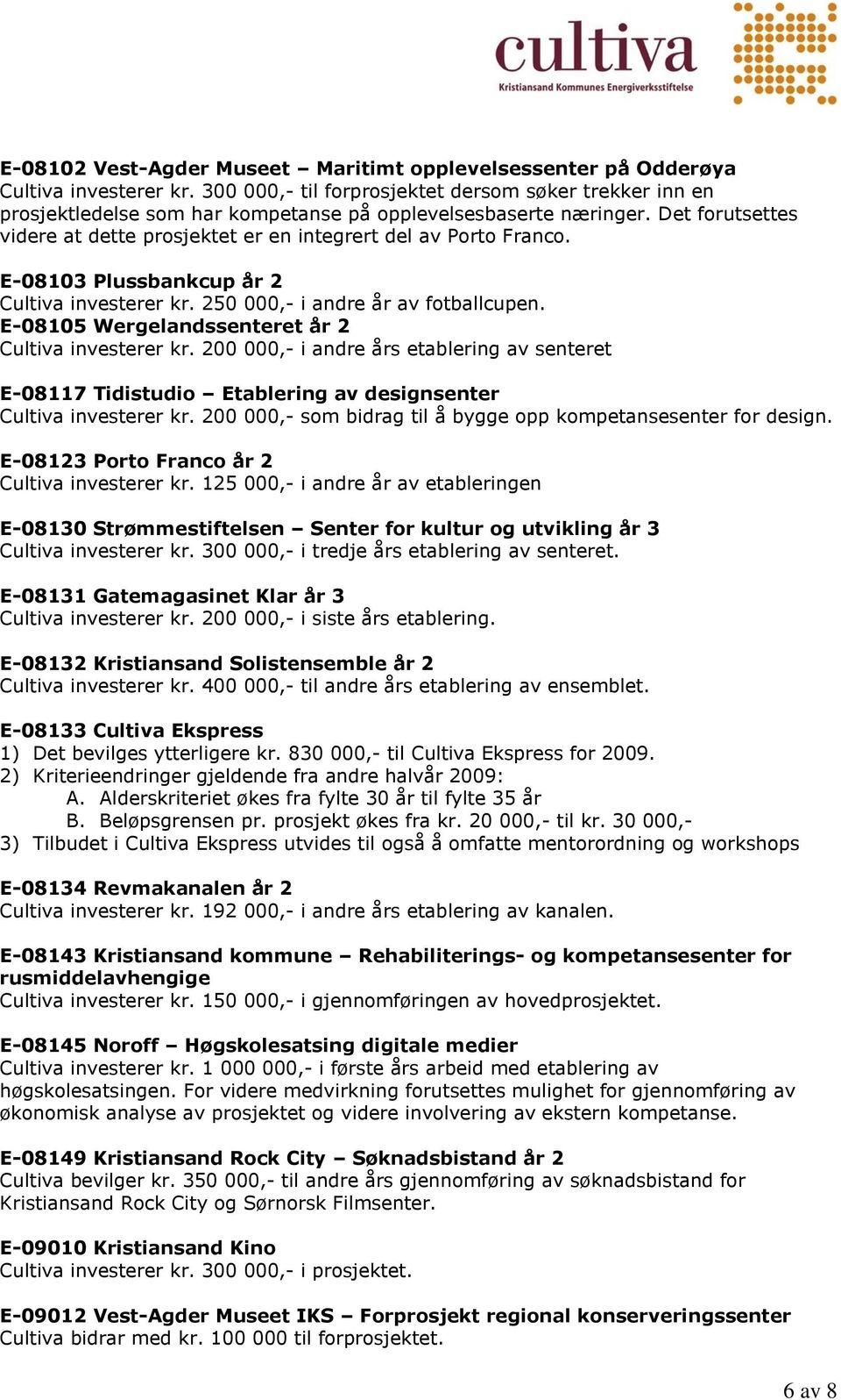 Det forutsettes videre at dette prosjektet er en integrert del av Porto Franco. E-08103 Plussbankcup år 2 Cultiva investerer kr. 250 000,- i andre år av fotballcupen.