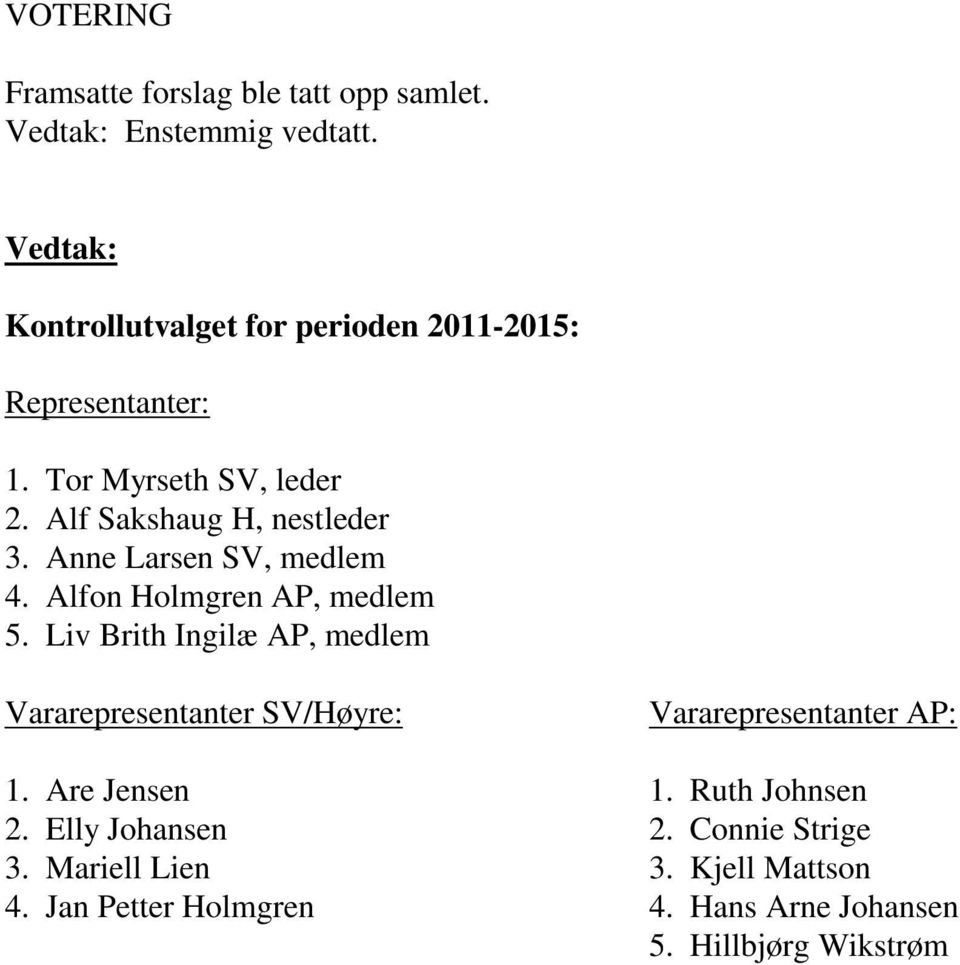 Liv Brith Ingilæ AP, medlem Vararepresentanter SV/Høyre: Vararepresentanter AP: 1. Are Jensen 1. Ruth Johnsen 2.