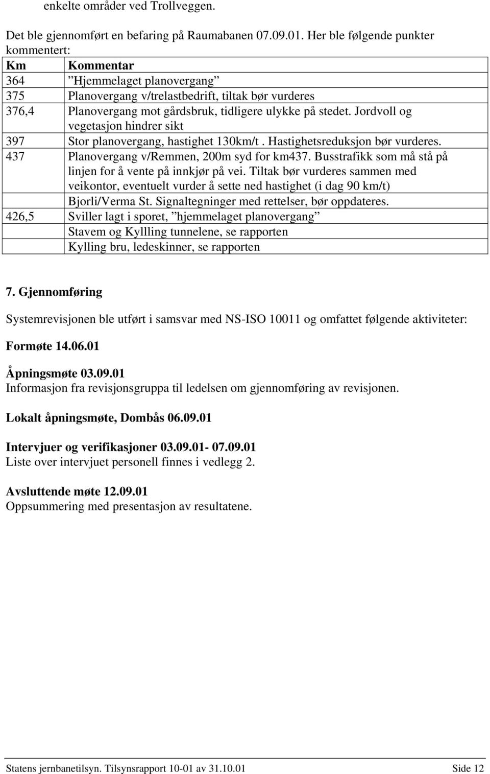 Jordvoll og vegetasjon hindrer sikt 397 Stor planovergang, hastighet 130km/t. Hastighetsreduksjon bør vurderes. 437 Planovergang v/remmen, 200m syd for km437.