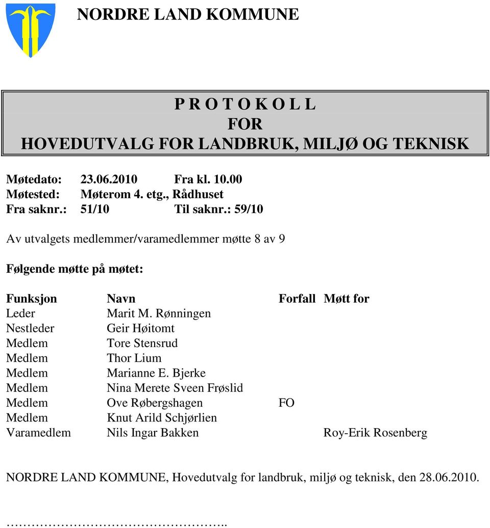 : 59/10 Av utvalgets medlemmer/varamedlemmer møtte 8 av 9 Følgende møtte på møtet: Funksjon Navn Forfall Møtt for Leder Marit M.