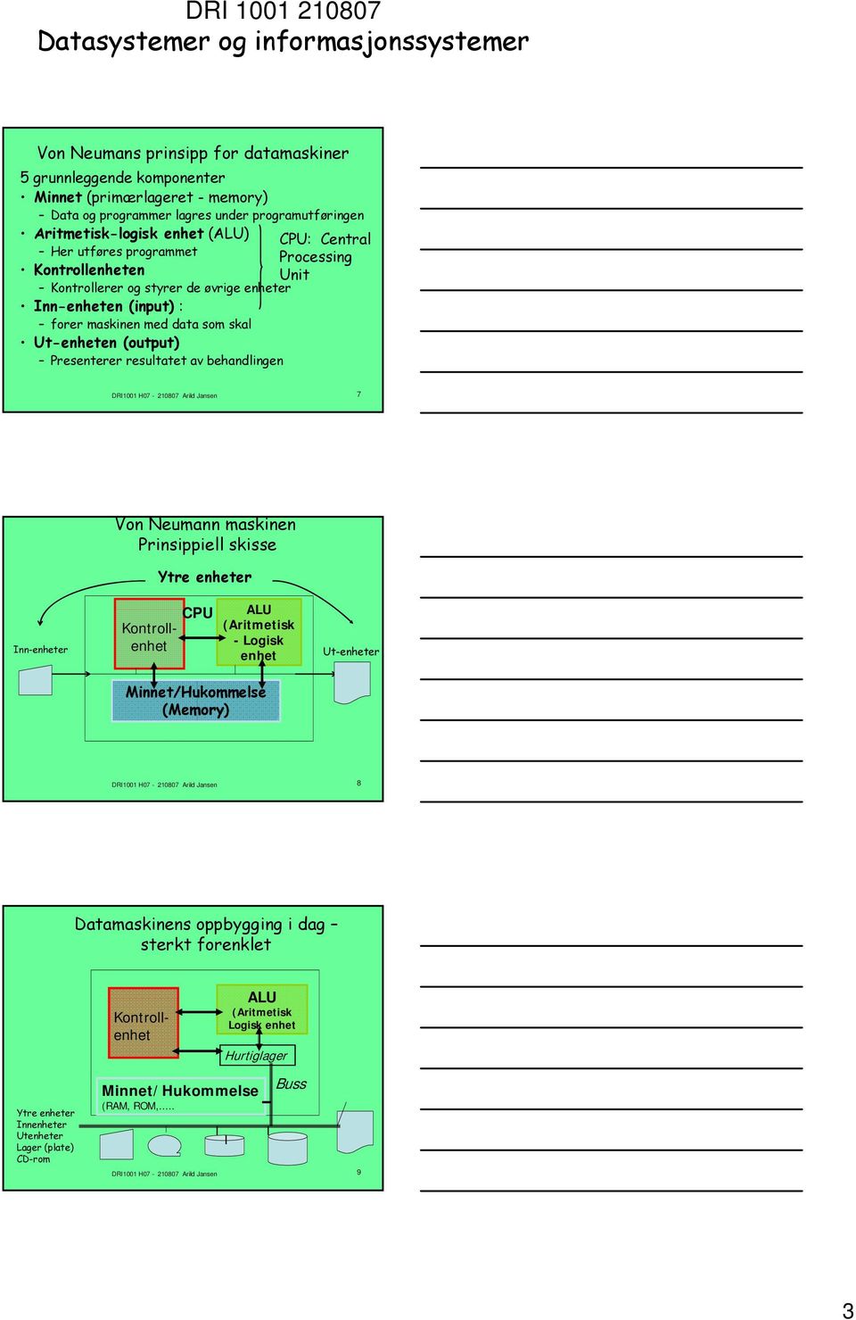 Processing Unit DRI1001 H07-210807 Arild Jansen 7 Von Neumann maskinen Prinsippiell skisse Ytre enheter Inn-enheter CPU ALU (Aritmetisk -Logisk enhet Ut-enheter Minnet/Hukommelse (Memory) DRI1001