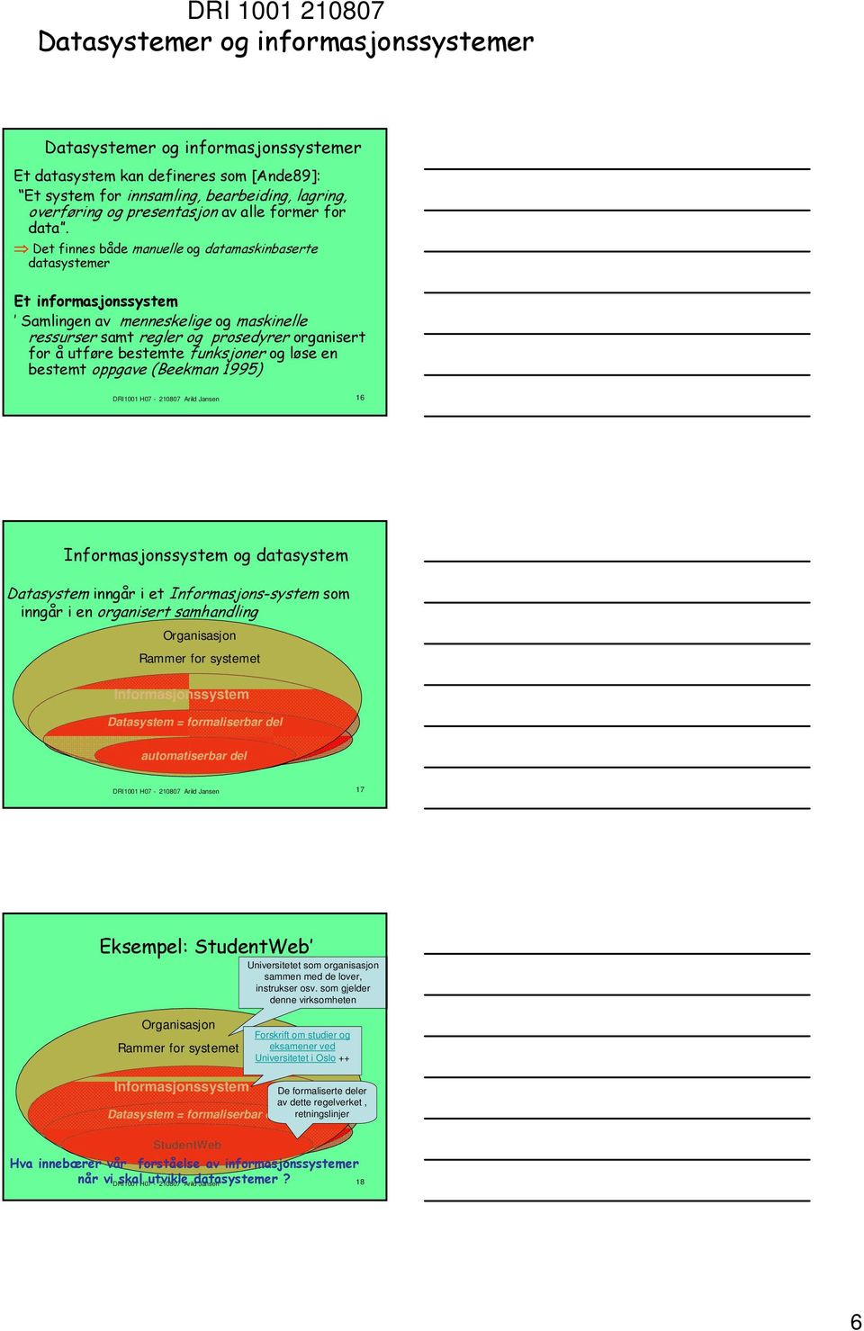 funksjoner og løse en bestemt oppgave (Beekman 1995) DRI1001 H07-210807 Arild Jansen 16 Informasjonssystem og datasystem Datasystem inngår i et Informasjons-system som inngår i en organisert