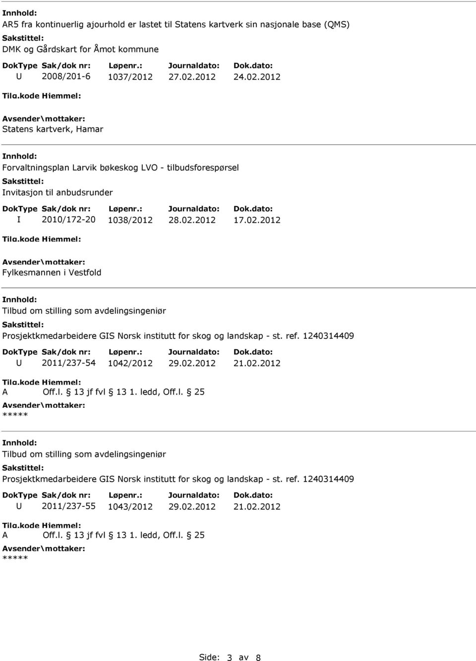 2012 17.02.2012 Fylkesmannen i Vestfold Tilbud om stilling som avdelingsingeniør Prosjektkmedarbeidere GS Norsk institutt for skog og landskap - st. ref.