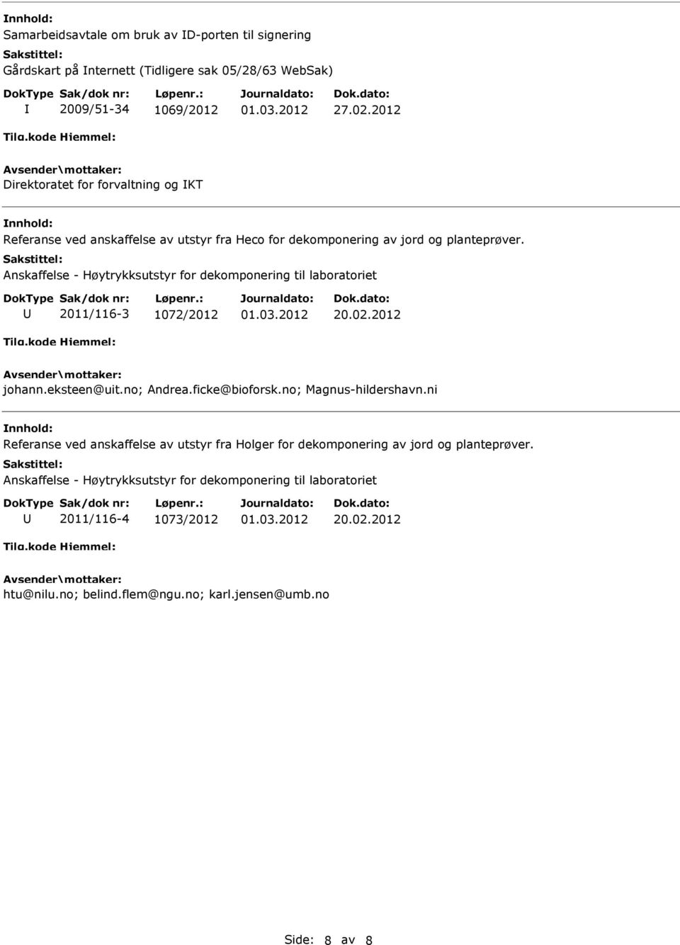 Anskaffelse - Høytrykksutstyr for dekomponering til laboratoriet 2011/116-3 1072/2012 01.03.2012 20.02.2012 johann.eksteen@uit.no; Andrea.ficke@bioforsk.no; Magnus-hildershavn.