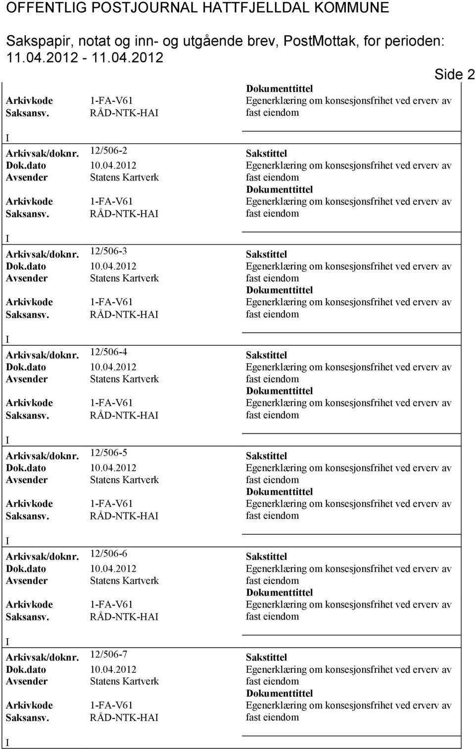 RÅD-NTK-HA Arkivsak/doknr. 12/506-4 Sakstittel Saksansv. RÅD-NTK-HA Arkivsak/doknr.