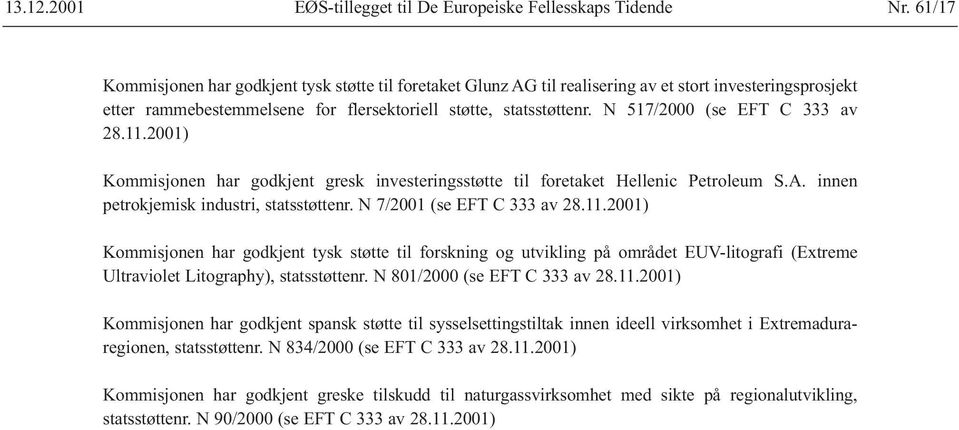 N 517/2000 (se EFT C 333 av 28.11.2001) Kommisjonen har godkjent gresk investeringsstøtte til foretaket Hellenic Petroleum S.A. innen petrokjemisk industri, statsstøttenr.