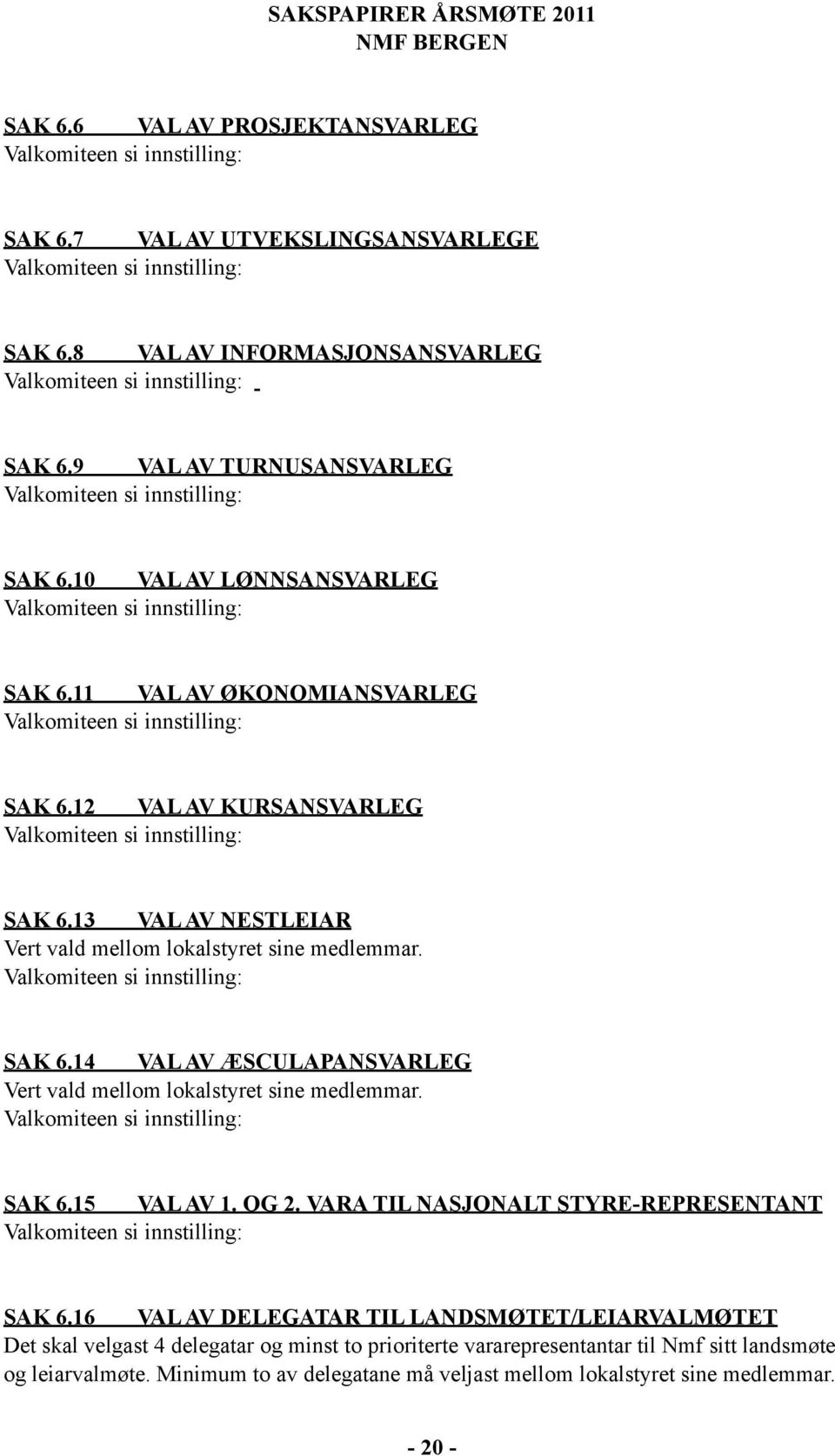 SAK 6.15 VAL AV 1. OG 2. VARA TIL NASJONALT STYRE-REPRESENTANT SAK 6.