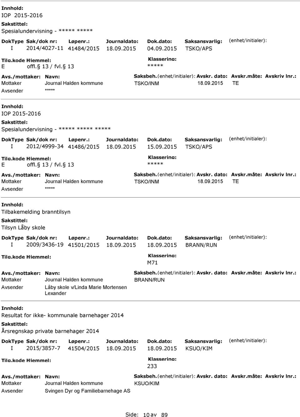 2015 TSKO/APS TSKO/NM T nnhold: Tilbakemelding branntilsyn Tilsyn Låby skole 2009/3436-19 41501/2015 BRANN/RUN M71 BRANN/RUN Avsender