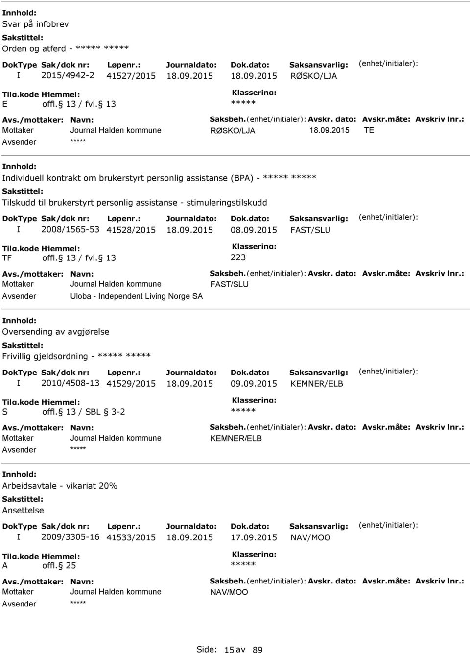 2015 FAST/SLU TF 223 FAST/SLU Avsender Uloba - ndependent Living Norge SA nnhold: Oversending av avgjørelse Frivillig gjeldsordning -