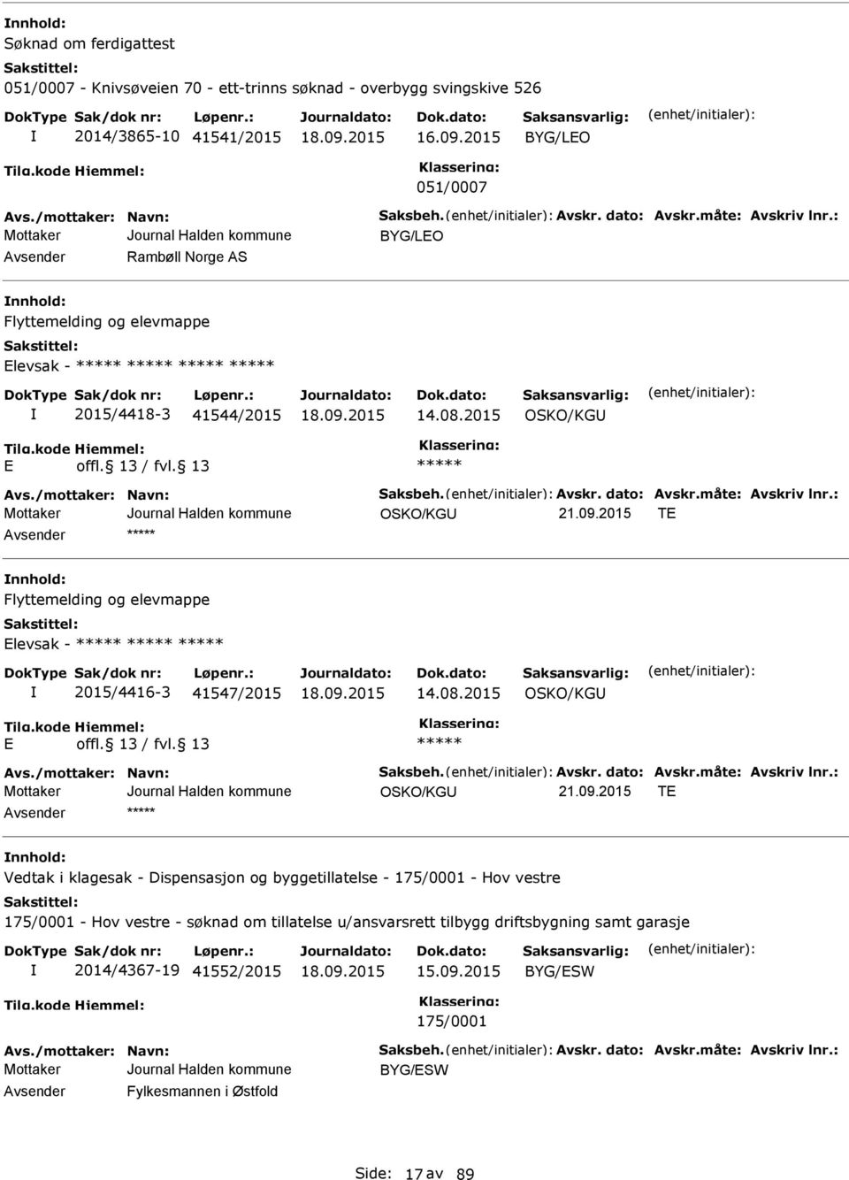 2015 OSKO/KGU OSKO/KGU T nnhold: Flyttemelding og elevmappe levsak - 2015/4416-3 41547/2015 14.08.