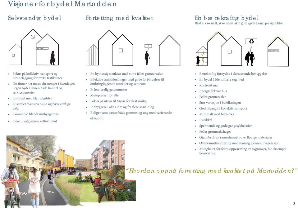 Du finner det meste du trenger i hverdagen i egen bydel, innen både handel og servicetjenester En bydel med klar identitet Et samlet fokus på miljø og bærekraftige valg Sammhold blandt innbyggerene