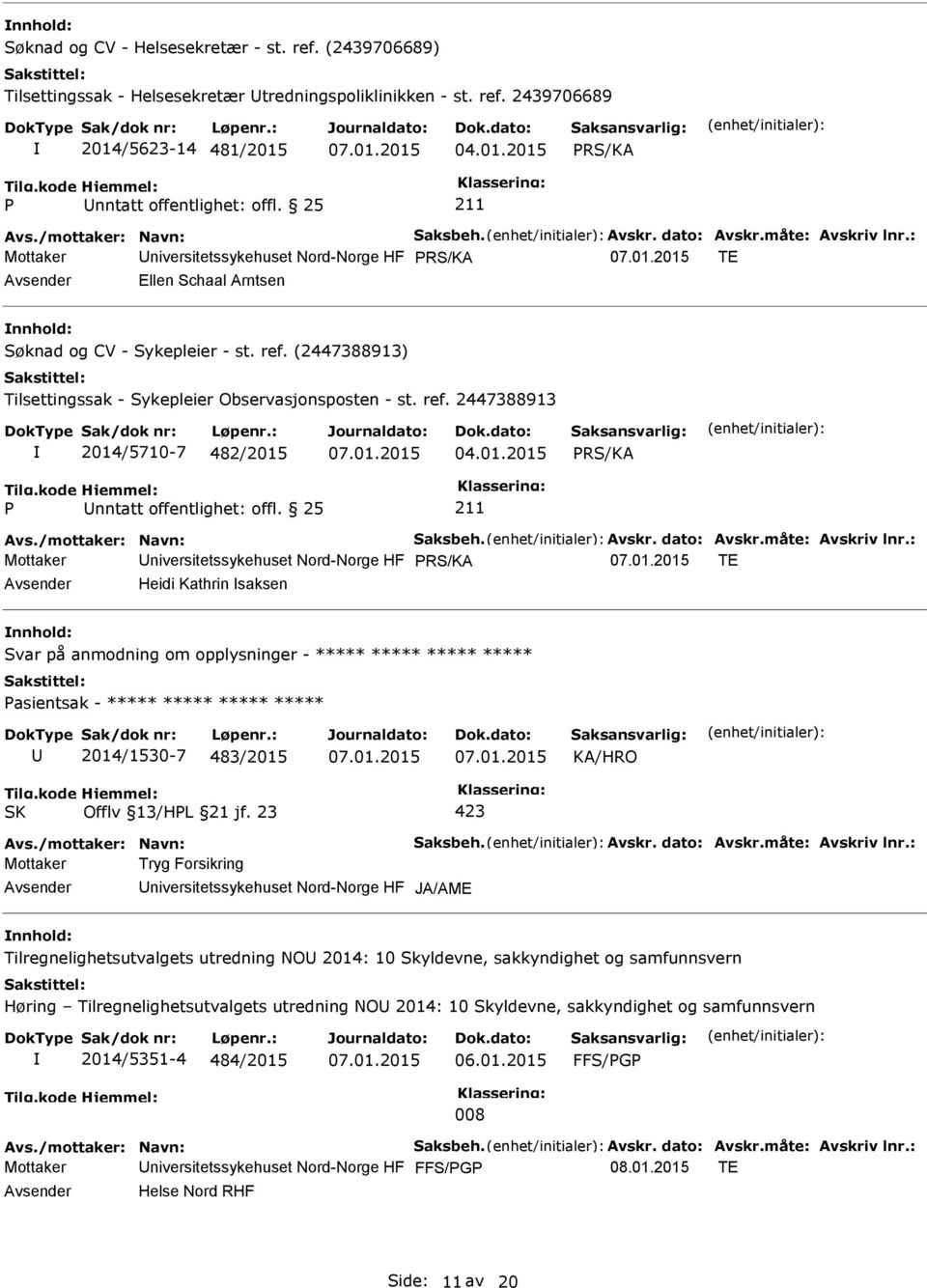 01.2015 nntatt offentlighet: offl. 25 Avs./mottaker: Navn: Saksbeh. Avskr. dato: Avskr.måte: Avskriv lnr.