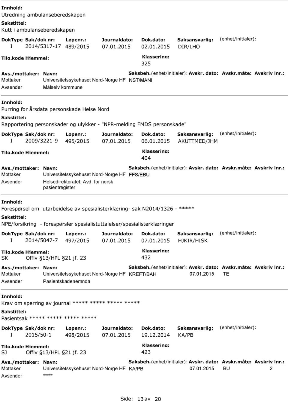 495/2015 AKTTMED/JHM 404 Avs./mottaker: Navn: Saksbeh. Avskr. dato: Avskr.måte: Avskriv lnr.: Mottaker niversitetssykehuset Nord-Norge HF FFS/EB Helsedirektoratet, Avd.