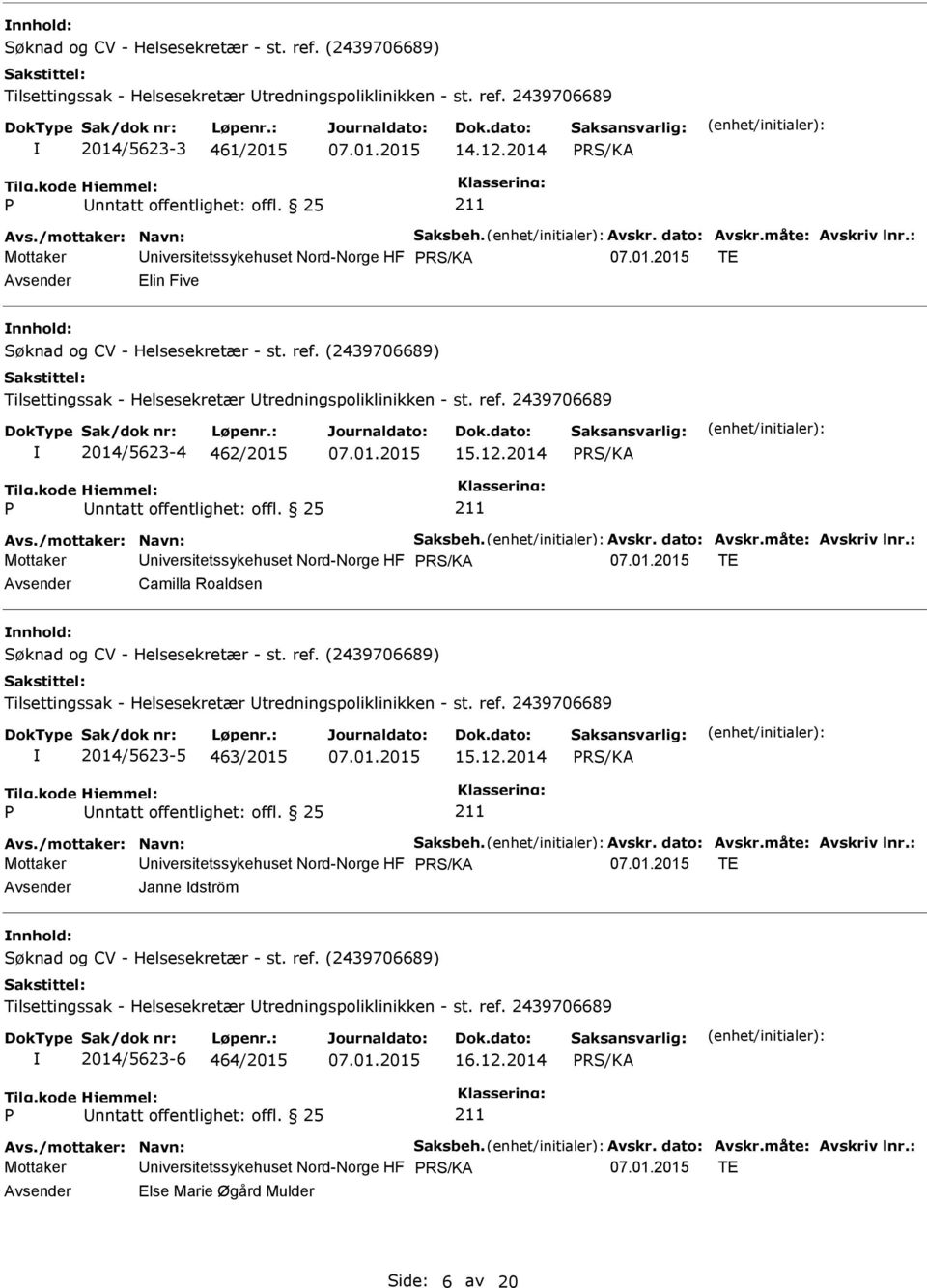 2014 nntatt offentlighet: offl. 25 Avs./mottaker: Navn: Saksbeh. Avskr. dato: Avskr.måte: Avskriv lnr.