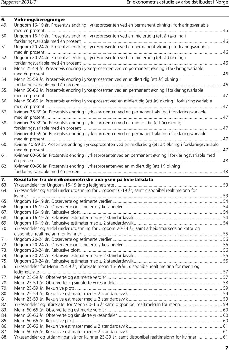 Prosentvis endring i yrkesprosenten ved en midlertidig (ett år) økning i forklaringsvariable med én prosent... 46 51 Ungdom 20-24 år.