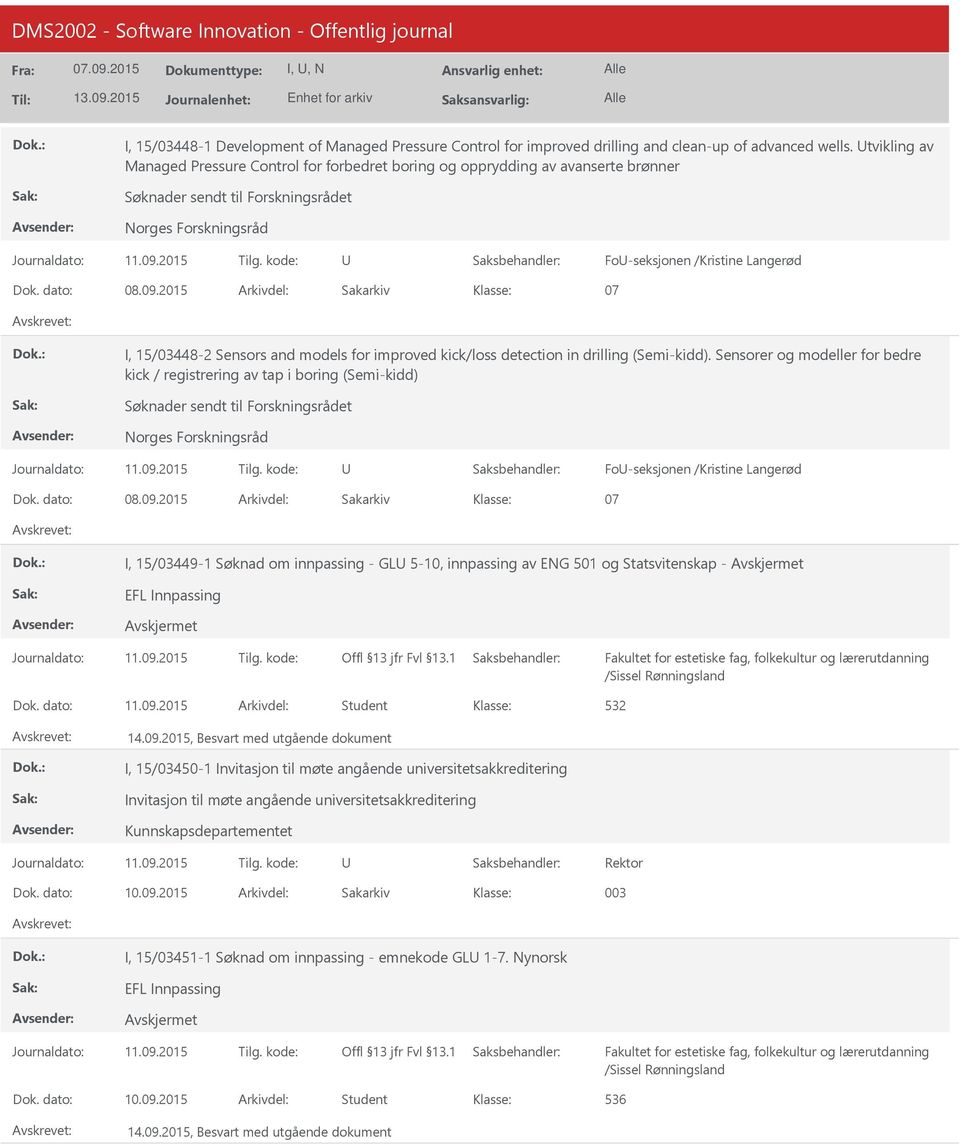 2015 Arkivdel: Sakarkiv 07 I, 15/03448-2 Sensors and models for improved kick/loss detection in drilling (Semi-kidd).