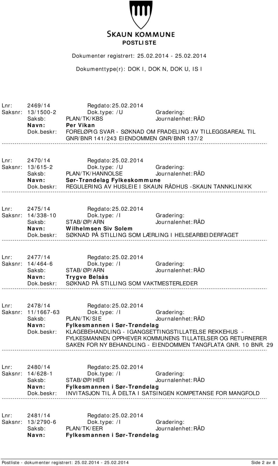 2014 Saksnr: 13/615-2 Dok.type: /U Gradering: Saksb: PLAN/TK/HANNOLSE Journalenhet:RÅD Sør-Trøndelag Fylkeskommune REGULERING AV HUSLEIE I SKAUN RÅDHUS -SKAUN TANNKLINIKK Lnr: 2475/14 Regdato:25.02.