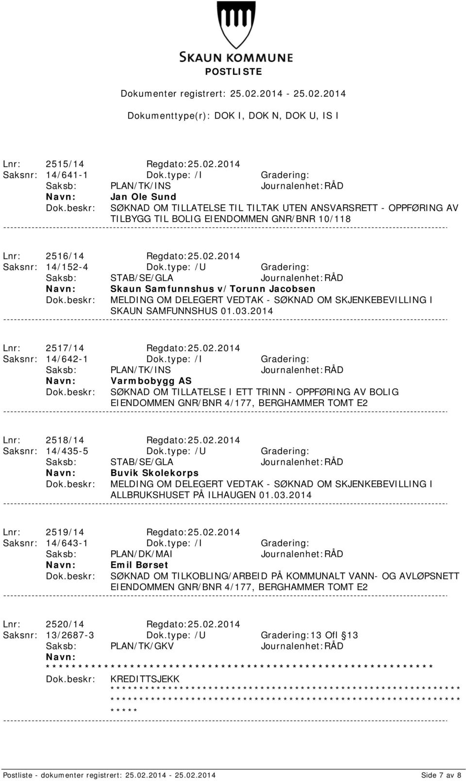 type: /U Gradering: Saksb: STAB/SE/GLA Journalenhet:RÅD Skaun Samfunnshus v/torunn Jacobsen MELDING OM DELEGERT VEDTAK - SØKNAD OM SKJENKEBEVILLING I SKAUN SAMFUNNSHUS 01.03.