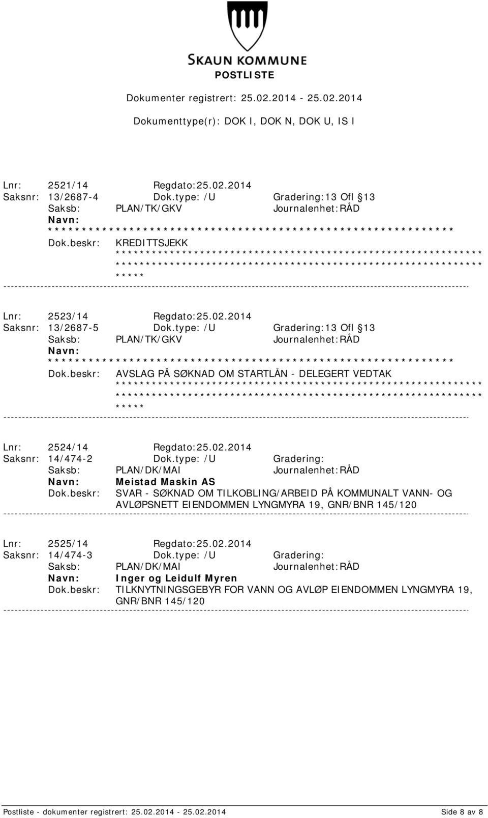 type: /U Gradering: Saksb: PLAN/DK/MAI Journalenhet:RÅD Meistad Maskin AS SVAR - SØKNAD OM TILKOBLING/ARBEID PÅ KOMMUNALT VANN- OG AVLØPSNETT EIENDOMMEN LYNGMYRA 19, GNR/BNR 145/120 Lnr: 2525/14