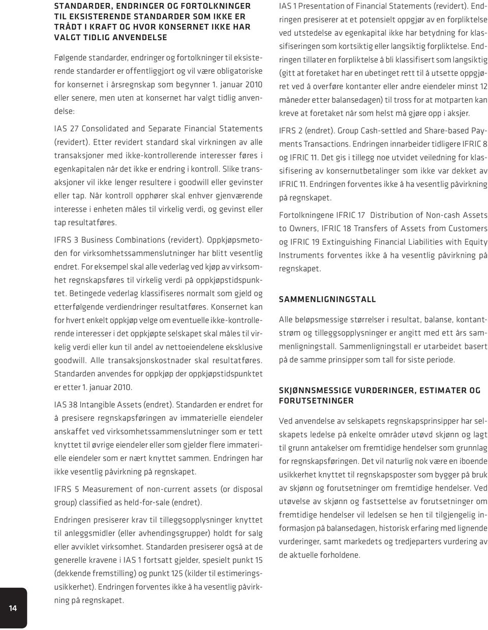 januar 2010 eller senere, men uten at konsernet har valgt tidlig anvendelse: IAS 27 Consolidated and Separate Financial Statements (revidert).