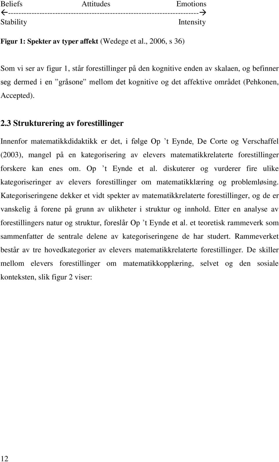 Strukturering av forestillinger Innenfor matematikkdidaktikk er det, i følge Op t Eynde, De Corte og Verschaffel (2003), mangel på en kategorisering av elevers matematikkrelaterte forestillinger