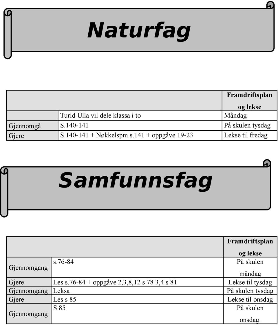 171-209 i B boka. Samfunnsfag Framdriftsplan og lekse Gjennomgang s.76-84 På skulen måndag Gjere Les s.