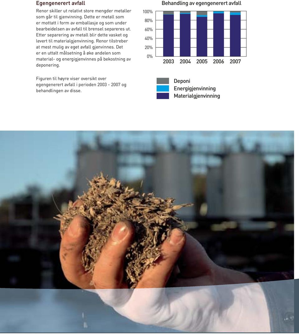 Etter separering av metall blir dette vasket og levert til materialgjenvinning. Renor tilstreber at mest mulig av eget avfall gjenvinnes.