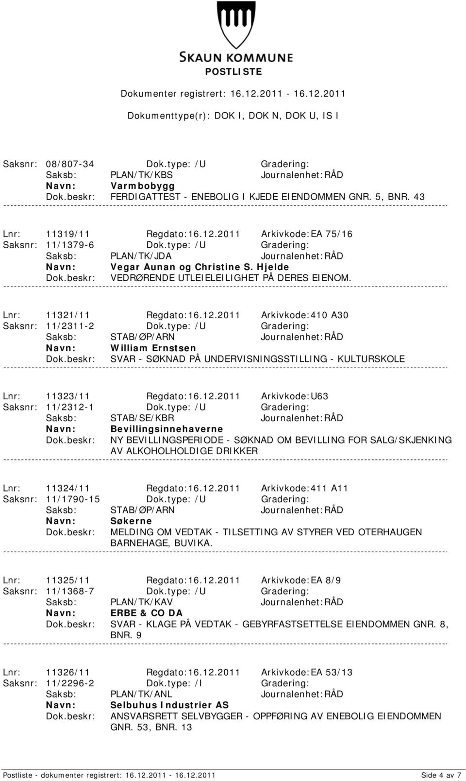 2011 Arkivkode:410 A30 Saksnr: 11/2311-2 Dok.type: /U Gradering: William Ernstsen SVAR - SØKNAD PÅ UNDERVISNINGSSTILLING - KULTURSKOLE Lnr: 11323/11 Regdato:16.12.