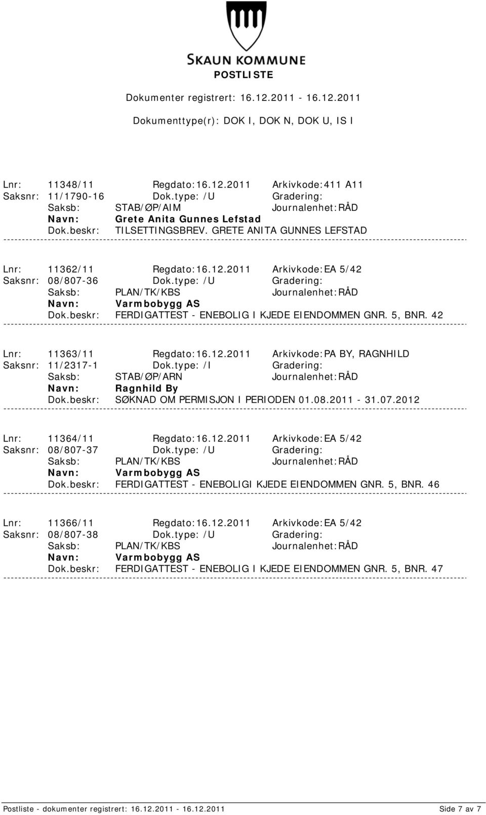 42 Lnr: 11363/11 Regdato:16.12.2011 Arkivkode:PA BY, RAGNHILD Saksnr: 11/2317-1 Dok.type: /I Gradering: Ragnhild By SØKNAD OM PERMISJON I PERIODEN 01.08.2011-31.07.2012 Lnr: 11364/11 Regdato:16.12.2011 Arkivkode:EA 5/42 Saksnr: 08/807-37 Dok.