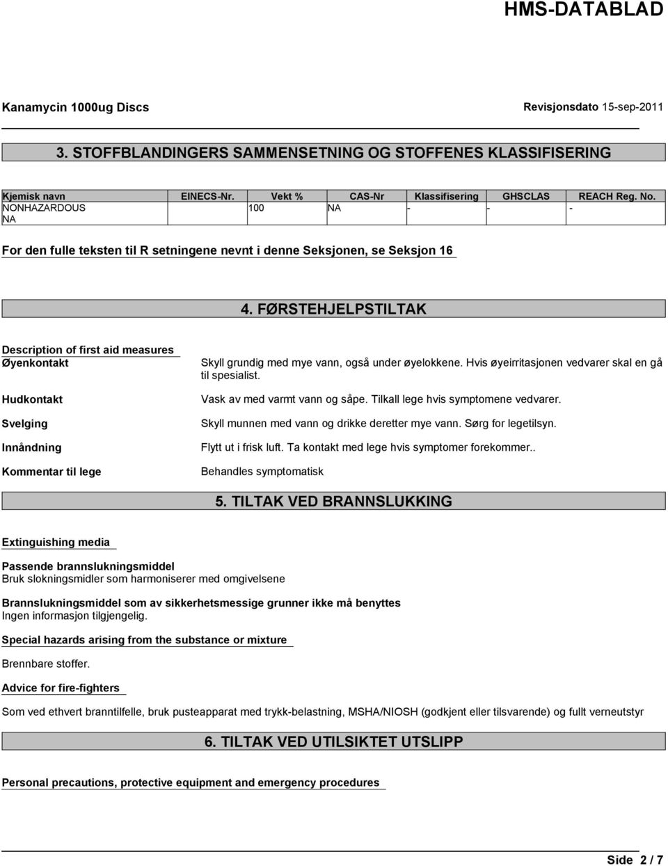 FØRSTEHJELPSTILTAK Description of first aid measures Øyenkontakt Hudkontakt Svelging Innåndning Kommentar til lege Skyll grundig med mye vann, også under øyelokkene.