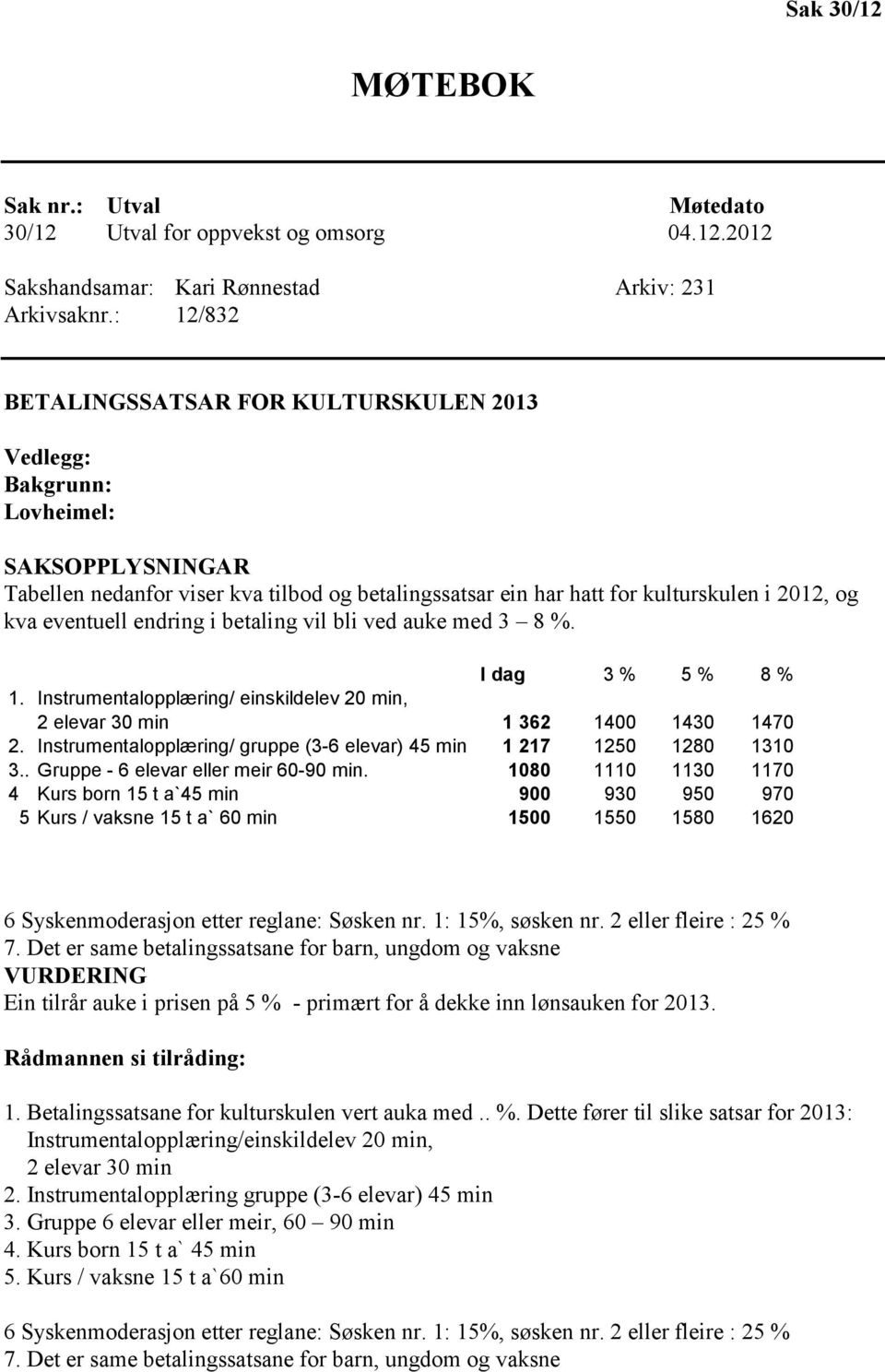 eventuell endring i betaling vil bli ved auke med 3 8 %. I dag 3 % 5 % 8 % 1. Instrumentalopplæring/ einskildelev 20 min, 2 elevar 30 min 1 362 1400 1430 1470 2.