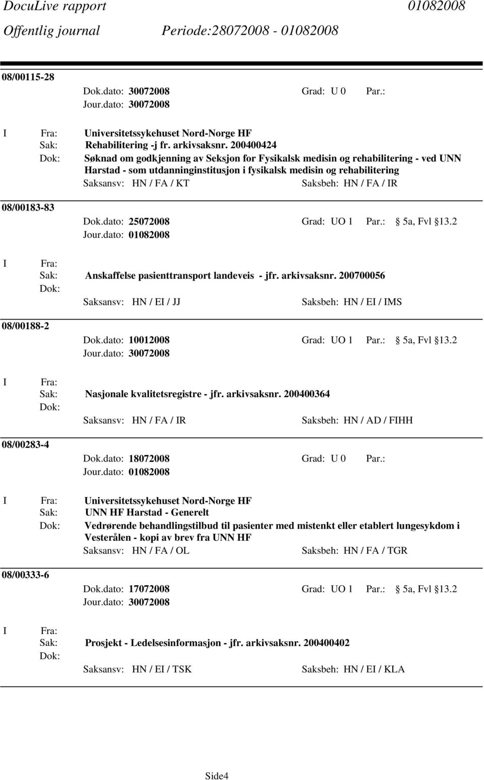 HN / FA / R 08/00183-83 Dok.dato: 25072008 Grad: UO 1 Par.: 5a, Fvl 13.2 Sak: Anskaffelse pasienttransport landeveis - jfr. arkivsaksnr.