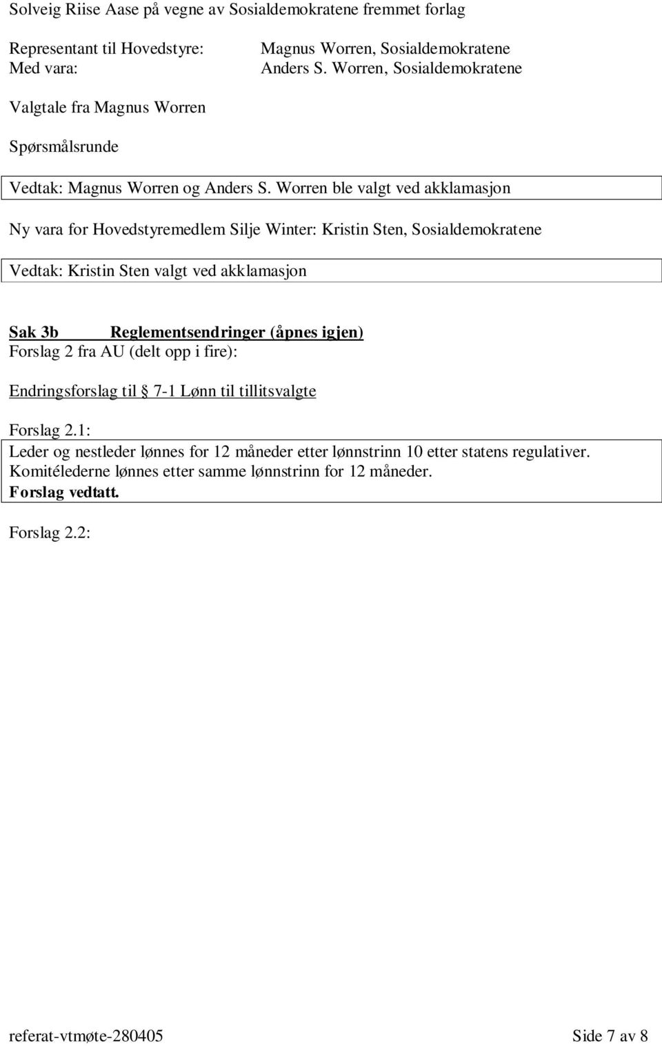 Worren ble valgt ved akklamasjon Ny vara for Hovedstyremedlem Silje Winter: Kristin Sten, Sosialdemokratene Vedtak: Kristin Sten valgt ved akklamasjon Sak 3b Reglementsendringer (åpnes igjen) Forslag