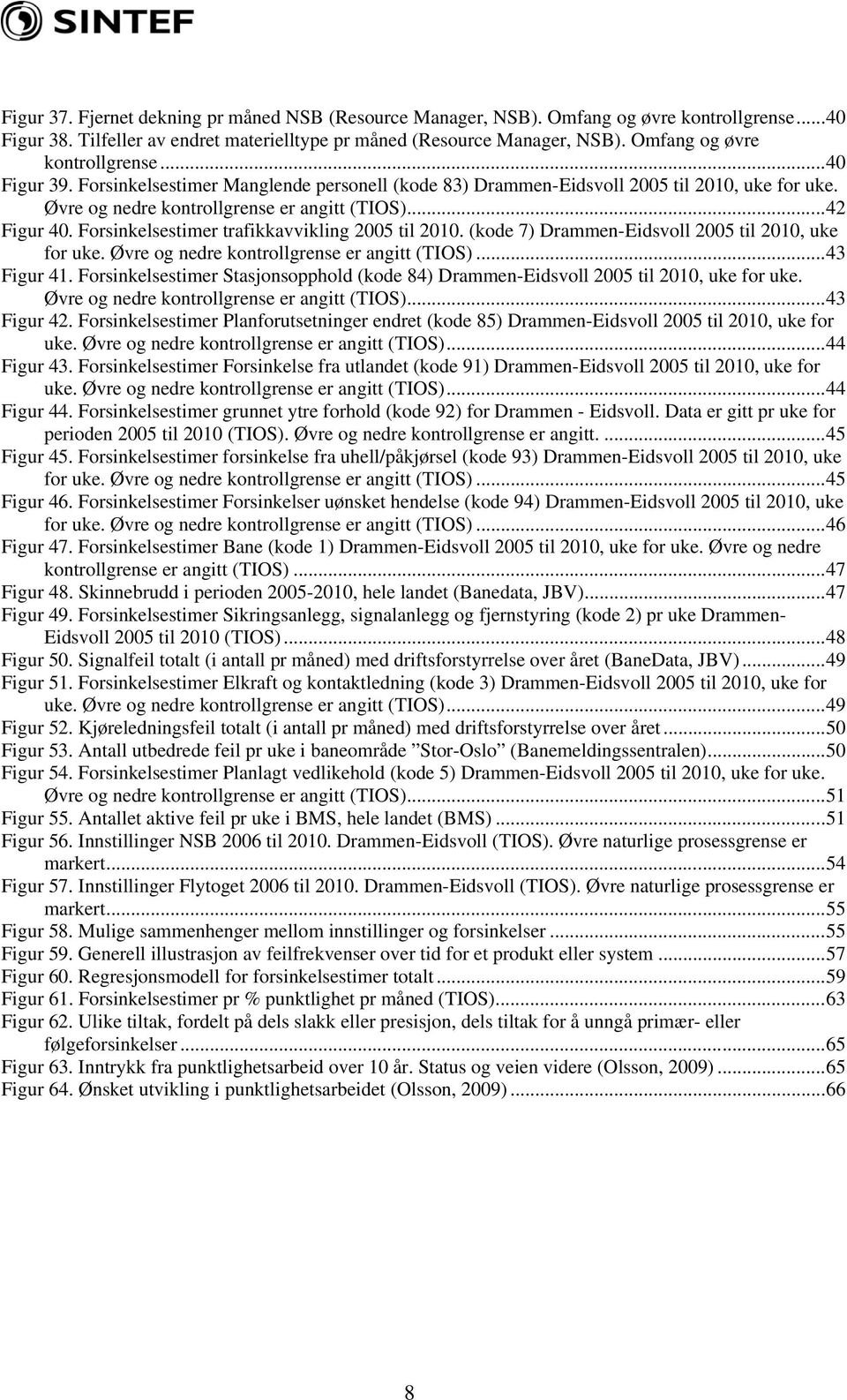 Forsinkelsestimer trafikkavvikling 2005 til 2010. (kode 7) Drammen-Eidsvoll 2005 til 2010, uke for uke. Øvre og nedre kontrollgrense er angitt (TIOS)...43 Figur 41.