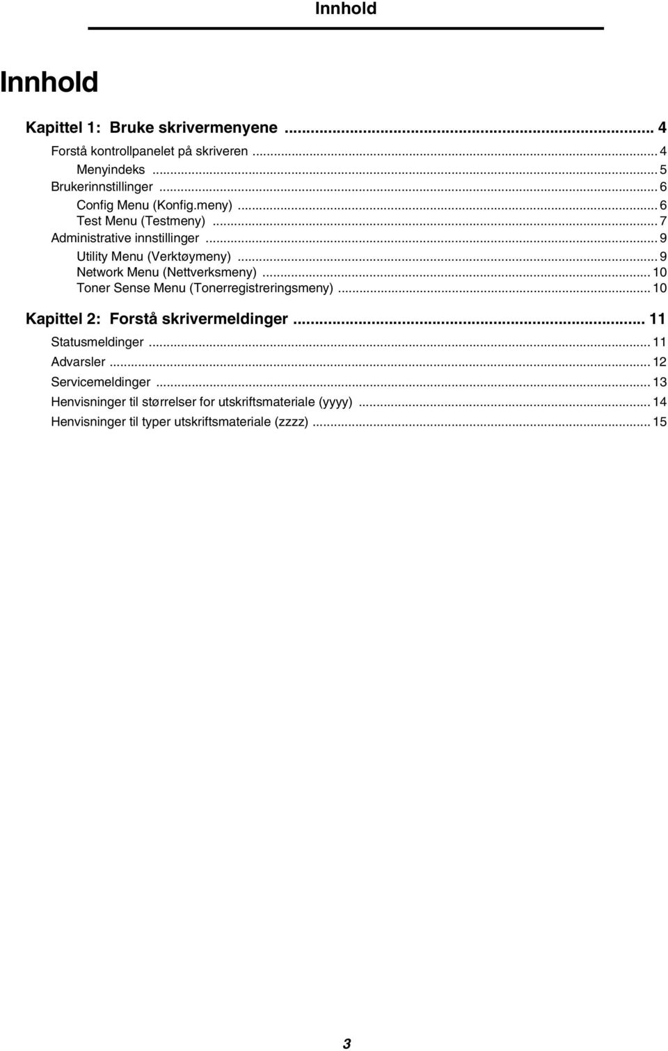 .. 9 Network Menu (Nettverksmeny)...10 Toner Sense Menu (Tonerregistreringsmeny)... 10 Kapittel 2: Forstå skrivermeldinger.