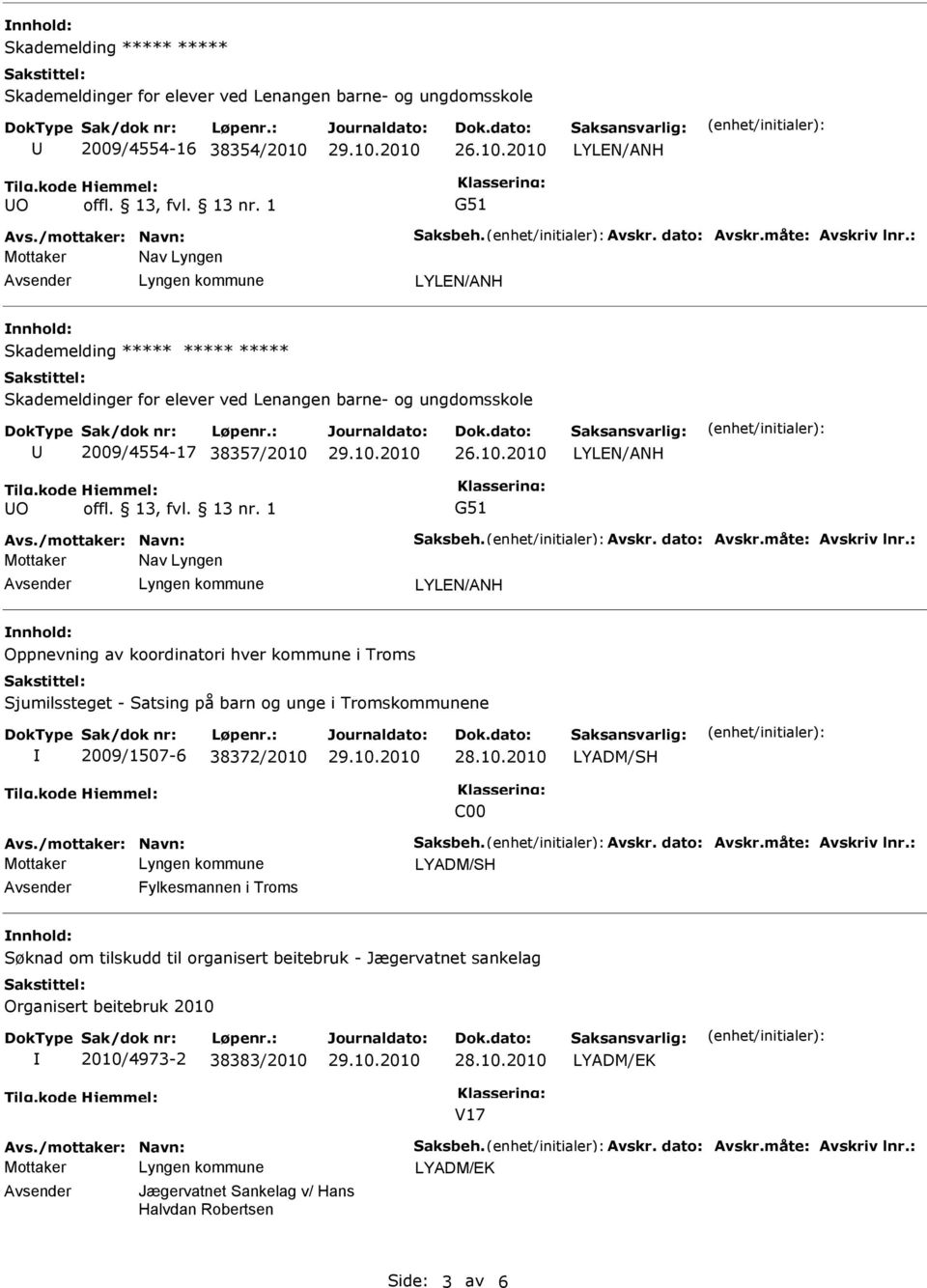 1 G51 Mottaker Nav Lyngen nnhold: Oppnevning av koordinatori hver kommune i Troms Sjumilssteget - Satsing på barn og unge i Tromskommunene 2009/1507-6 38372/2010 LYADM/SH C00